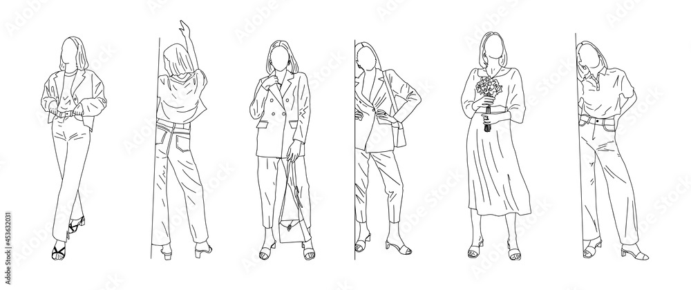 Girls show different styles of clothing - linear style. Vector illustration.