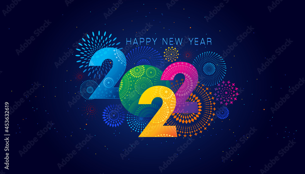 Happy New Year 2022. Vector illustration of the colorful fireworks and text on black background for holiday and celebration event. Happy New Year 2022. Vector illustration of the colorful fireworks and text on black background for holiday and celebration event.