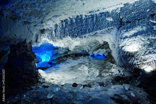 Kungur ice caves in summer with artificial lighting