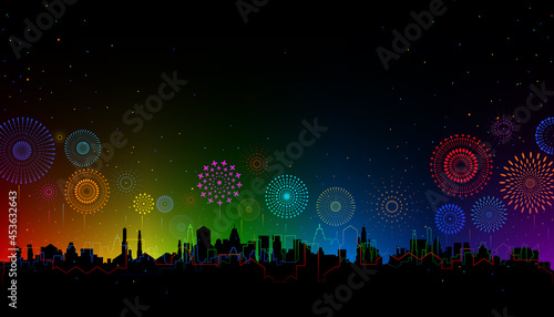 Vector illustration of a festive colorful fireworks display over the night sky color scheme with cityscape scene for holiday and celebration background design.