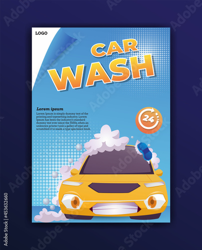 car wash poster with full foam car cartoon illustration