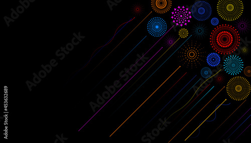 Vector illustration of a festive colorful fireworks display  at night scene for holiday and celebration background design.