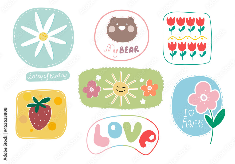 Cute cartoon colorful sticker set with flowers, strawberry, bear and sun as main elements.