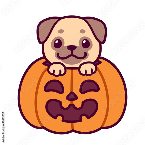 Cute cartoon pug dog with Halloween pumpkin