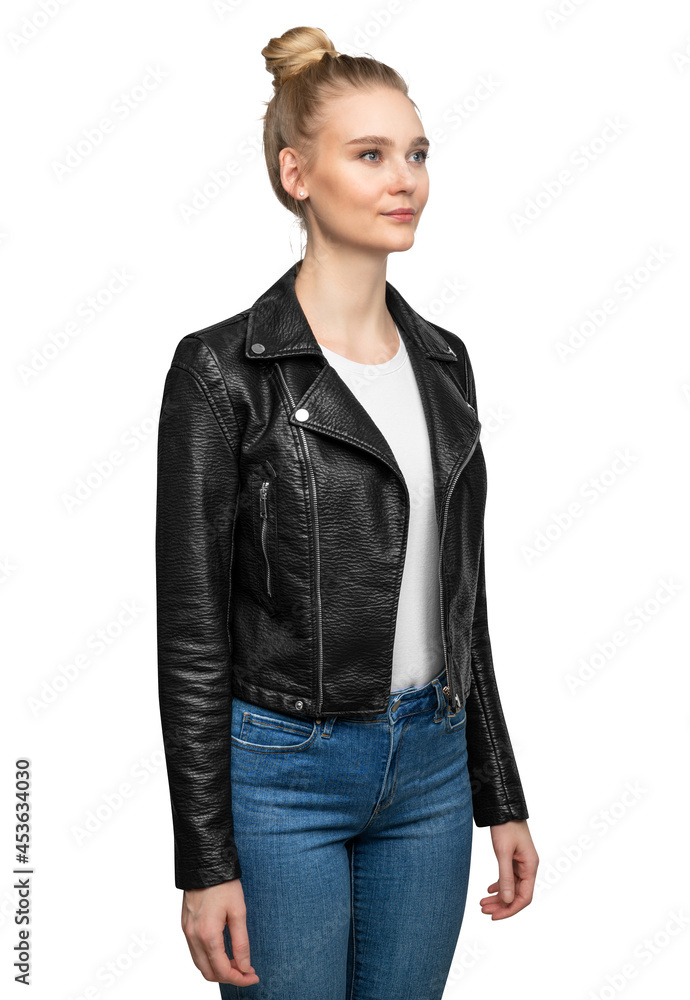 Woman posing in black leather jacket isolated on white background Woman posing in black leather jacket isolated on white background