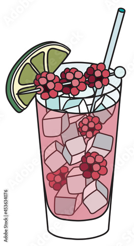 Floradora classic long cocktail in highball glass. Garnished with a raspberries and lime. Stylish hand-drawn doodle cartoon hipster style vector illustration good for bar menu, cook book recipe