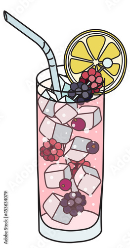 Russian Spring Punch classic IBA long cocktail in highball glass. Garnished with a raspberries, blackberry, black currant and lime. Stylish hand-drawn doodle cartoon hipster style vector illustration