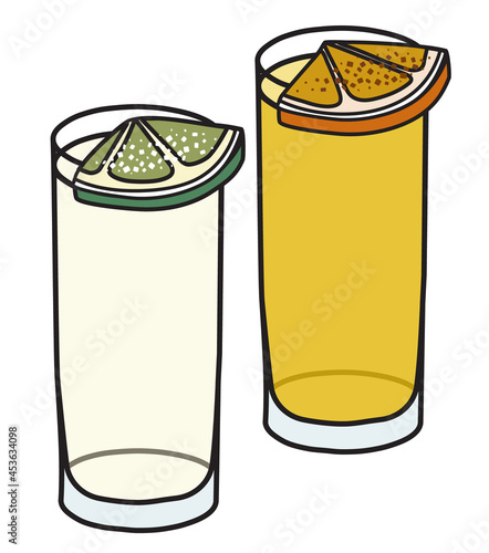 Silver and gold tequila garnished with slice of lime and salt, opange and cinnamon. Stylish hand-drawn doodle cartoon hipster style vector illustration good for party card, bar menu cook book recipe