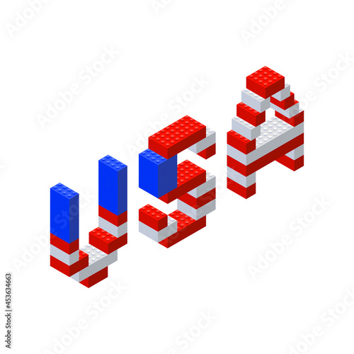 The word USA - isometric letters collected from plastic blocks in the colors of the flag of America on a white background. Vector illustration.