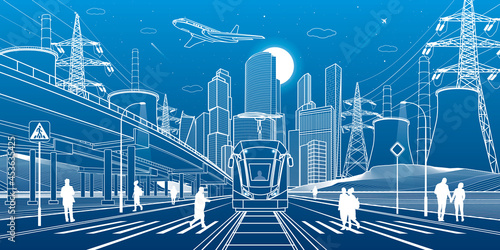 Wide highway. Modern night town. City energy system. Tram rides. Car overpass. People walking at street. Infrastructure outlines illustration, urban scene. White lines. Vector design art 