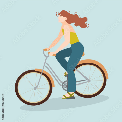 A cute girl with flying hair rides a bicycle.  Active lifestyle concept, eco-friendly means of transportation. Vector illustration. © Елена Савочкина