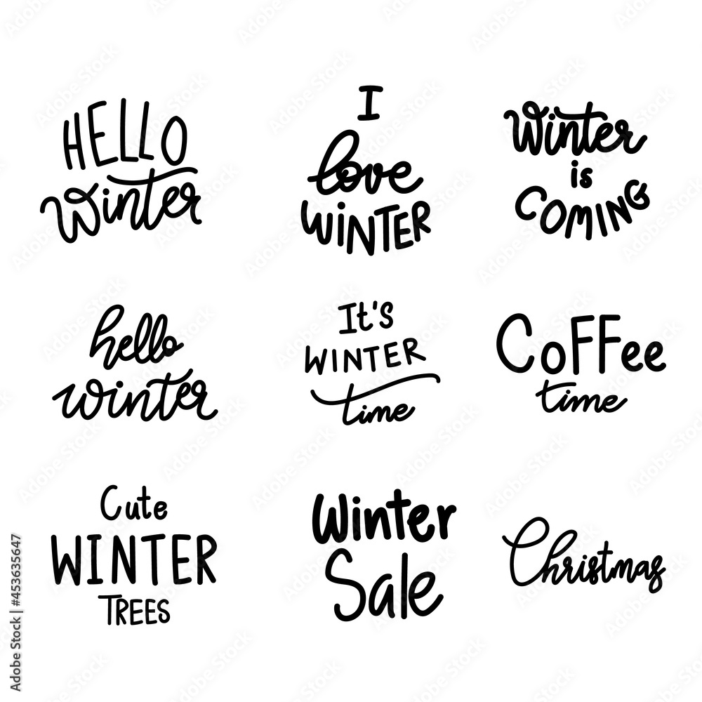 Set hand drawing word in winter, Winter design background for content online or web, banner, and template, Simple cartoon flat style. illustration Vector EPS 10