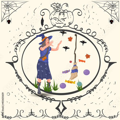 Vintage Frame Witch Conjures Halloween holiday Design Flat Illustration