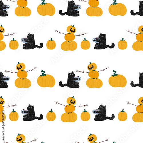 black Halloween pumpkin cute coffee cat seamless pattern . cat autumn harvest festival. stock vector illustration on a white background.
