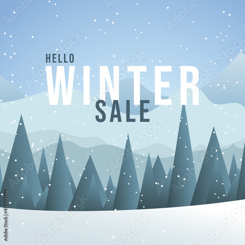 HELLO WINTER SALE with pine forest and snowy mountains ,Winter design background for content online or web, banner and template, Simple cartoon flat style. illustration Vector EPS 10