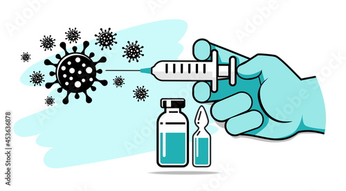 Hand of doctor in medical glove inject vaccine against coronavirus. Bottle and vial containing drug for COVID-19. Time to vaccinate poster or website landing page, vector template