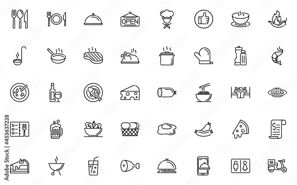 set of restaurant line icons, food, drinks, chef, menu set of restaurant line icons, food, drinks, chef, menu
