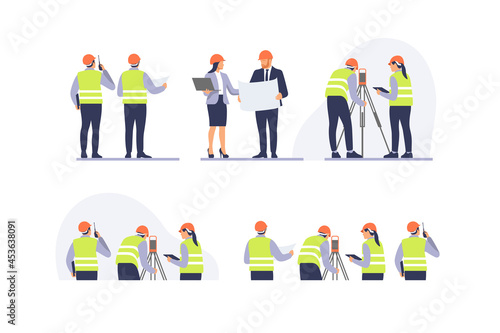 Engineers team with equipment on the construction site. Vector illustration.