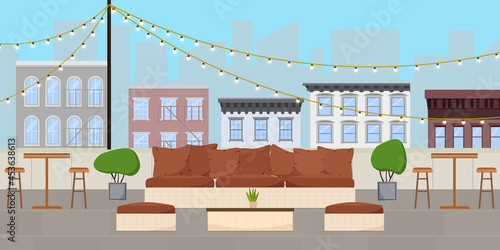 Flat vector illustration of rooftop terrace bar lounge with light bulb garlands at day time and cityscape with walk-up buildings and skyscrapers
