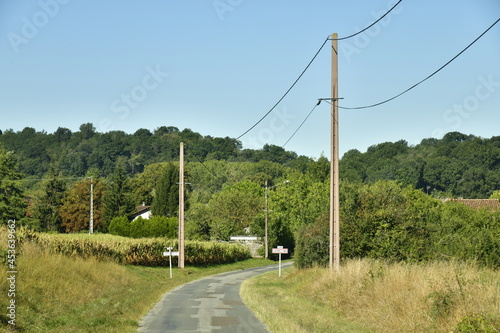 Ligne téléphonique le long d'une route de campagne menant au Bourg de Champagne au Périgord Vert 