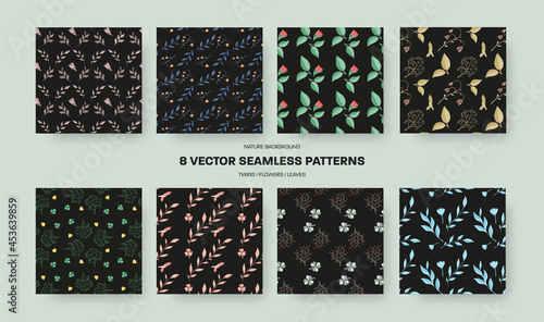 Vector seamless pattern with decorative leaves, flower plants, color creative presentation on black background.