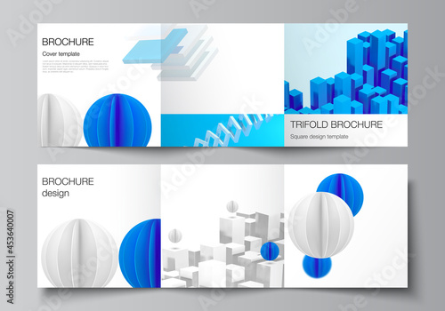Vector layout of square covers design templates for trifold brochure, flyer, magazine, cover design, book design. 3d render vector composition with dynamic realistic geometric blue shapes in motion.