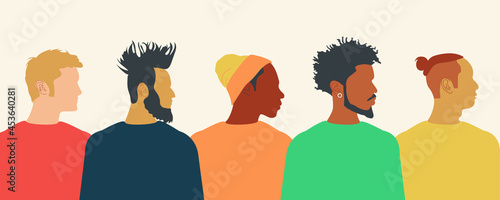 Postcard template with men of different nationalities and religions. Silhouettes of young modern guys. LGBT community. Vector.