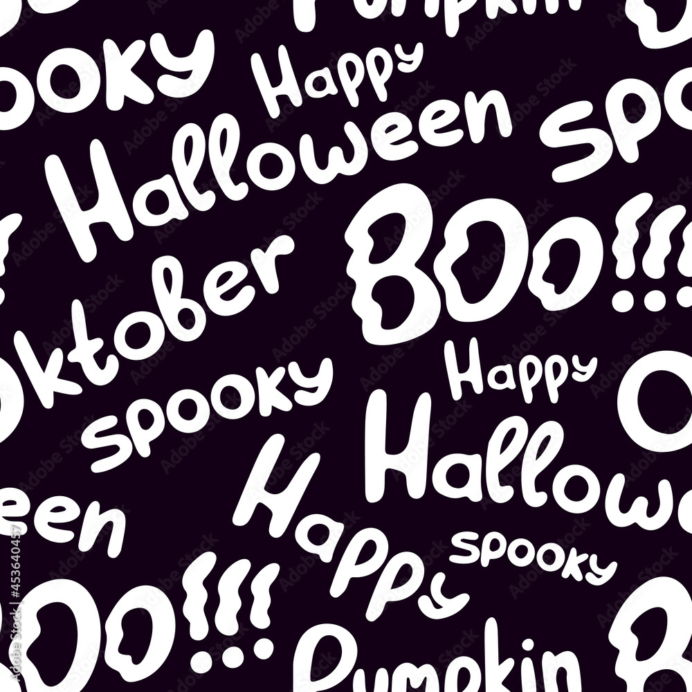 Halloween Seamless Pattern of Lettering on Black. Funny Cartoon illustration Digital Paper. Spooky Holiday Texture Perfect for Home Decor, Gift Wrapping and Textiles. Vector Halloween Seamless Pattern of Lettering on Black. Funny Cartoon illustration Digital Paper. Spooky Holiday Texture Perfect for Home Decor, Gift Wrapping and Textiles. Vector