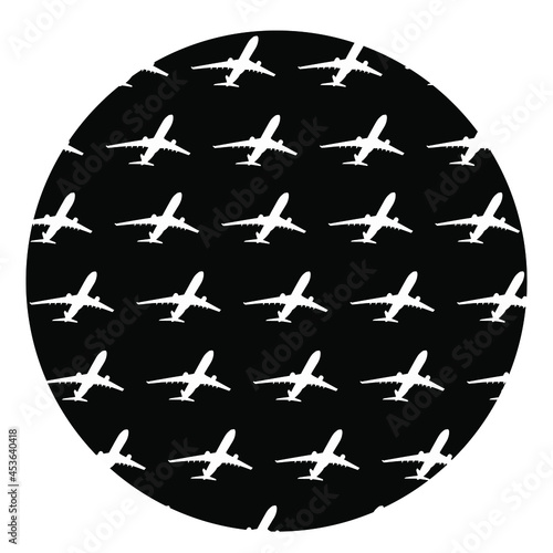 Circle airplane shameless background vector silhouette illustration isolated on background. Jet plane leaves airport symbol. Aircraft go to destination. Plane shadow. Invite to fly with safety company