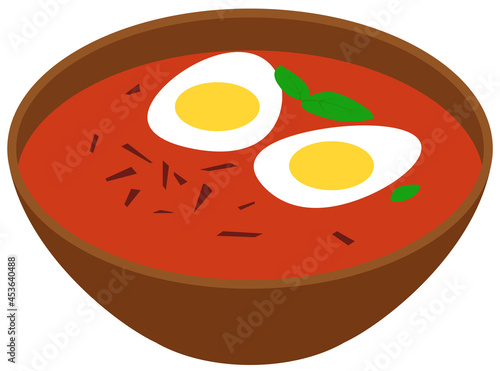 Salmorejo cold spanish soup made of pureed tomatoes and bread decorated with chopped boiled egg in brown bowl. Vector illustration.