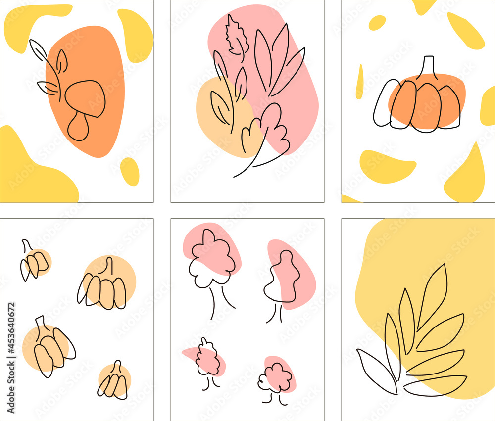 Abstract doodle cards on the theme of autumn. Postcards with pumpkin, autumn, trees, leaves, mushrooms. Abstract doodle cards on the theme of autumn. Postcards with pumpkin, autumn, trees, leaves, mushrooms.