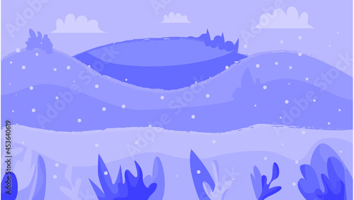 Winter landscape. Vector illustration of a winter forest, hills in a snowy evening. Banner for website, application, social networks. Background