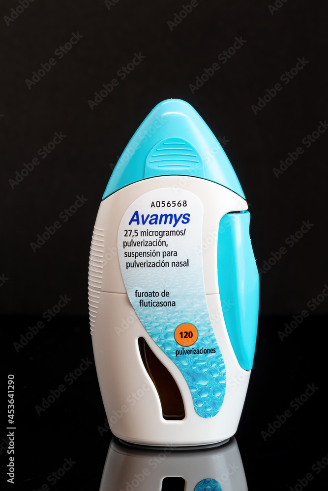 Huelva, Spain August 28, 2021 Spanish box of fluticasone furoate