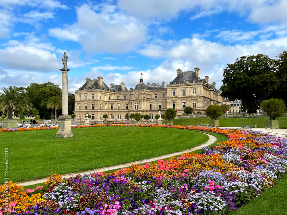 Luxembourg Garden, Jardin du Luxembourg in Paris, France blooming with many flowers in summer