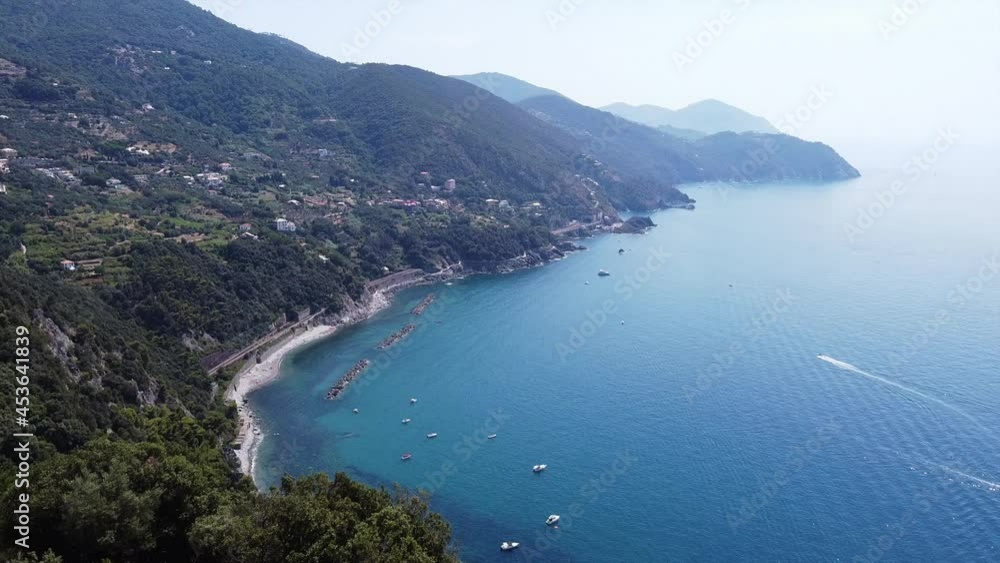 Europe, Italy , Liguria, Framura , Cinque Terre National park - Drone aerial view of the mediterranean cost , Rena and La Valla beach with beautiful sea - new pedestrian walking La via del mare Europe, Italy , Liguria, Framura , Cinque Terre National park - Drone aerial view of the mediterranean cost , Rena and La Valla beach with beautiful sea - new pedestrian walking La via del mare
