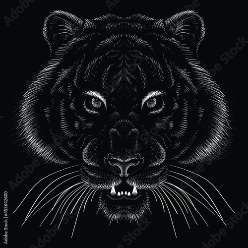 The Vector logo tiger for tattoo or T-shirt design or outwear.  Hunting style big cat print on black background. This hand drawing is for black fabric or canvas.