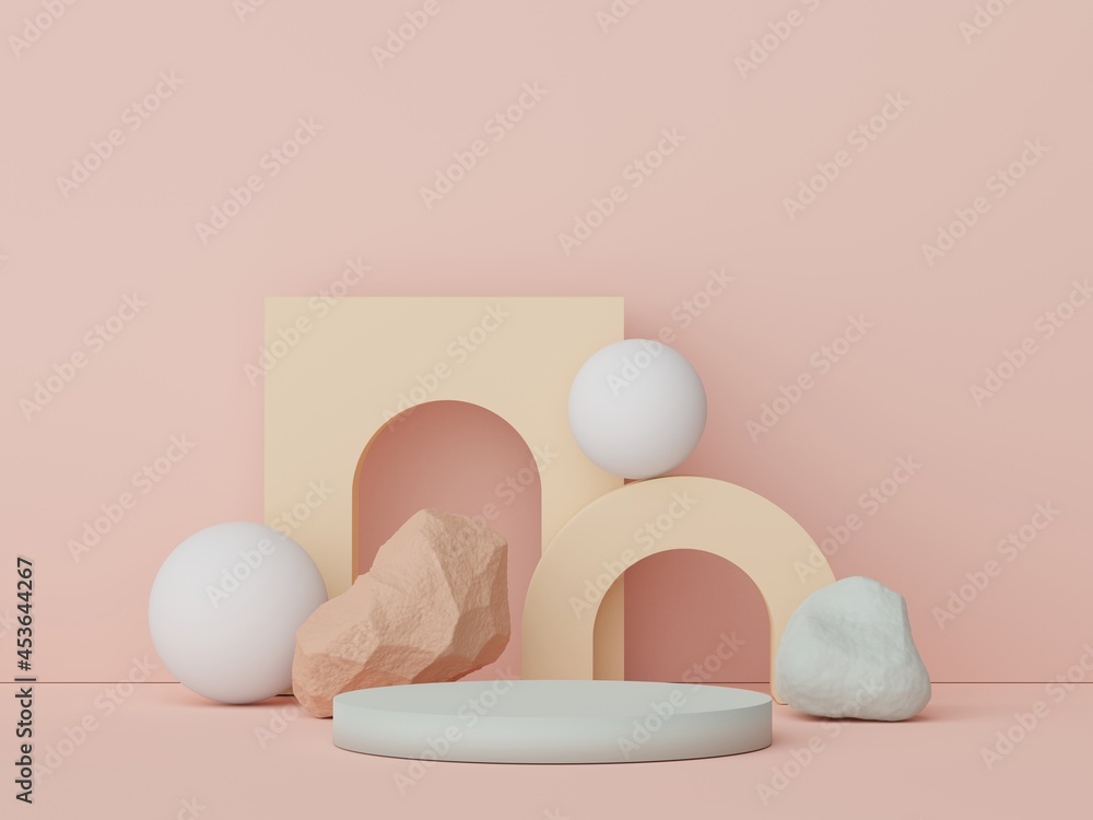 Fototapeta premium Abstract display podium with minimal geometric shapes design. 3d rendering scene for mock up and product presentation. Pedestal platform for cosmetic advertise.