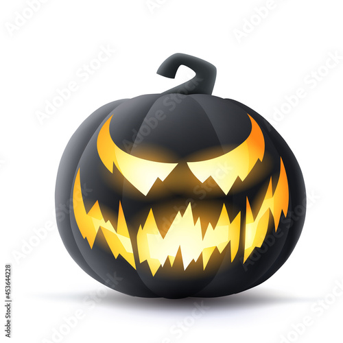 Jack O Lantern. 3D illustration of Halloween black dark pumpkin with glowing funny face expression. Isolated.