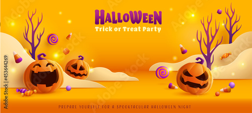 Happy Halloween. Group of 3D illustration pumpkin on treat or trick fun party celebration background with paper graphic cloud.