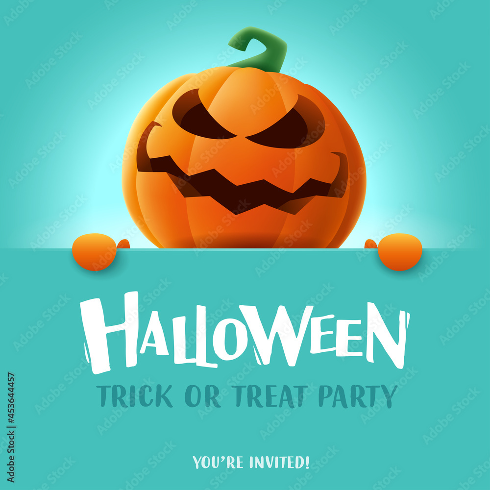 Naklejka premium Happy Halloween. 3D illustration of cute Jack O Lantern orange pumpkin character with big greeting signboard on teal background.