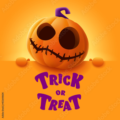 Trick or Treat. 3D illustration of cute Jack O Lantern orange pumpkin character with big greeting signboard on orange background.