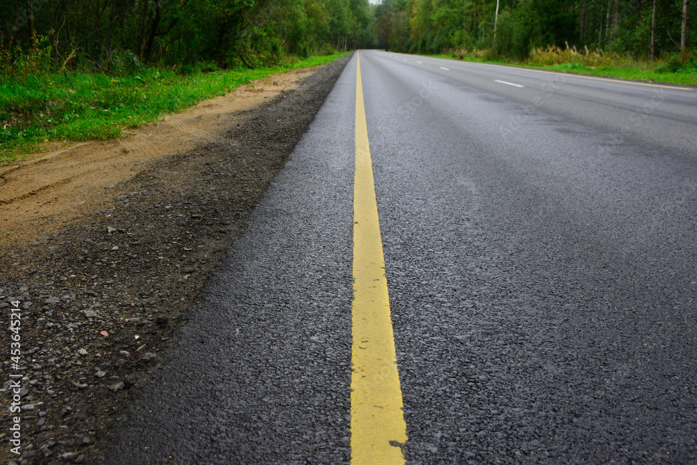 Obraz premium An asphalt road with markings outside the city going into the distance