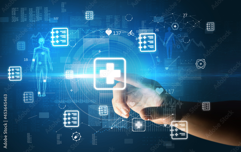 Doctor hand pressing futuristic health device with medical symbol on screen Doctor hand pressing futuristic health device with medical symbol on screen