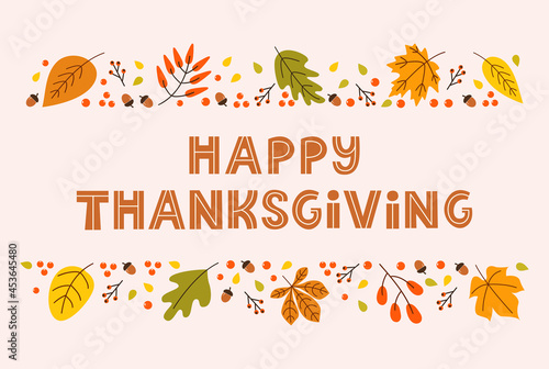 Happy thanksgiving day horizontal banner background with seasonal leaves and lettering on pastel background.  Modern vector illustration