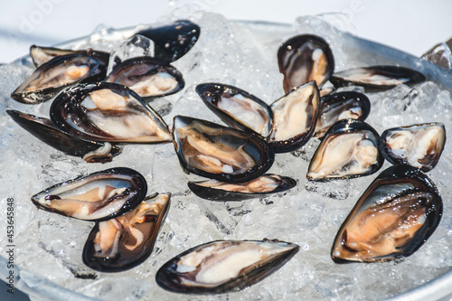 Opened by hand black raw mussels mollusk on the ice ready to eat in a plate in a fish market, sea fruits, sushi