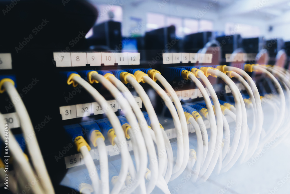 Ethernet or Lan cable in the server rack, which is a way of connecting computers together in a local area network Ethernet or Lan cable in the server rack, which is a way of connecting computers together in a local area network
