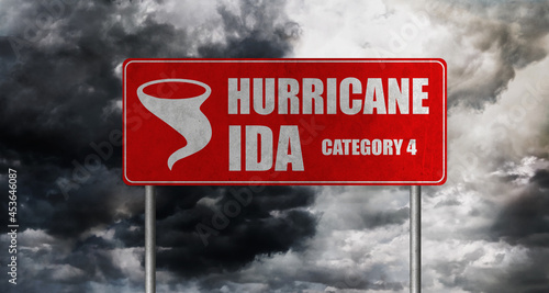 Hurricane Ida banner with storm clouds background. Category 4. Hurricane alert.