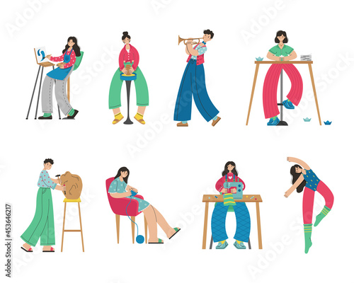 A set of illustrations of people of creative professions. Artist, origami, dancer, Sewing, Knitting, Clay modeling, sculpture