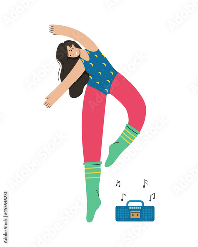 A girl in sports clothes is dancing. Modern dance.