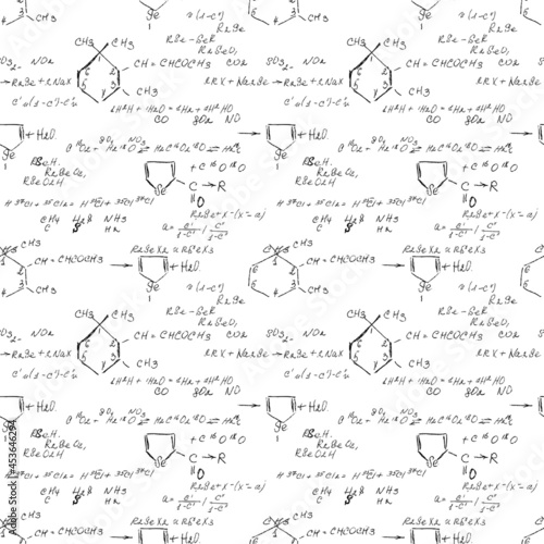 Hand draw chemistry pattern on white background. Back to School seamless pattern. Science lab subject. Education notes in exercise book page. Chemical study paper. Endless illustration. Vector.